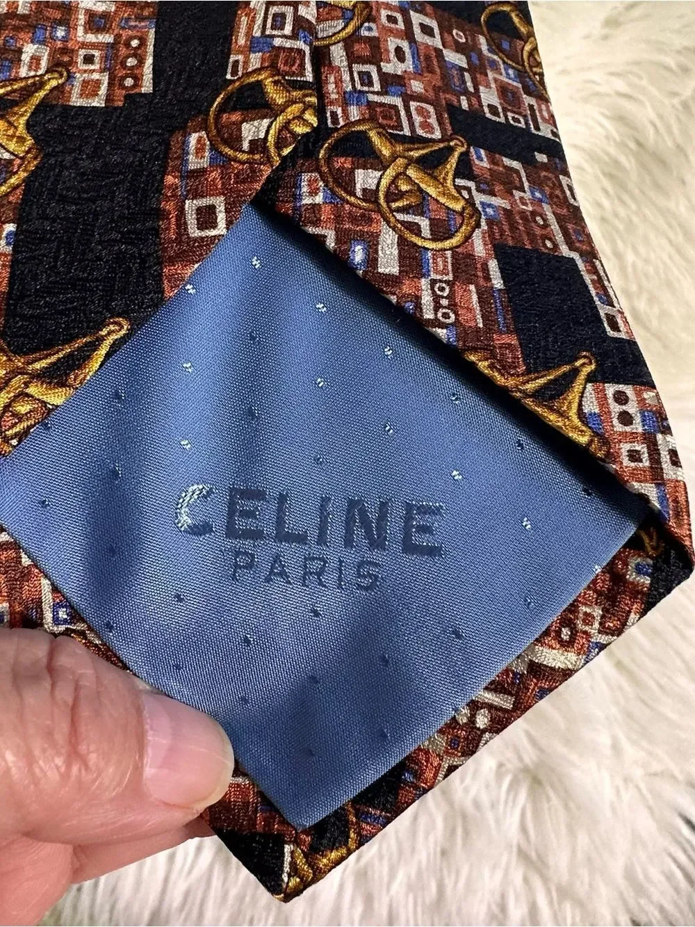Celine Black, Brown & Gold Geometric Print Silk Tie